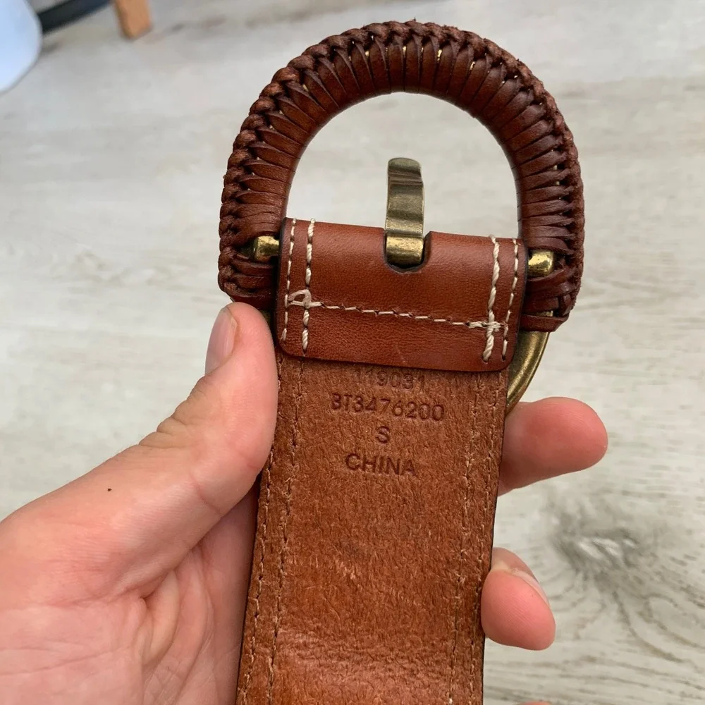 Fossil Womens Woven Stretch Belt Brown Leather Buckle Tan Straw BT3476200 Small